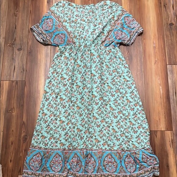 Midi High Low Ruffled Sundress Multicolored Batwing Sleeve Cris-Cross Too. Sz XL - Picture 3 of 6